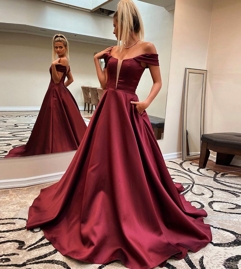 Burgundy satin long prom dress evening dress