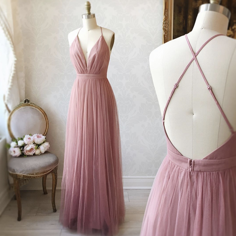 Pink v neck tulle long prom dress party dress