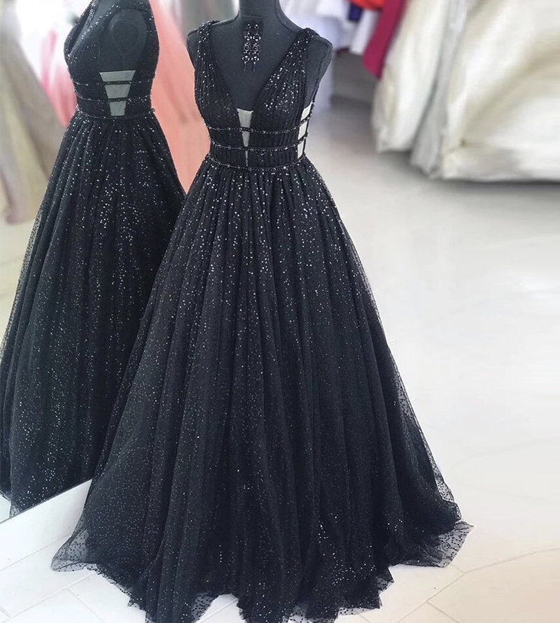 Black v neck sequins long prom dress party dress