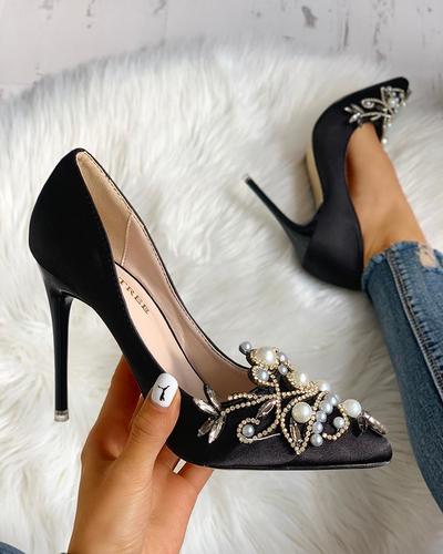 Womens Boots Black Faux Pearl Pointed Toe Stiletto Heels F8682