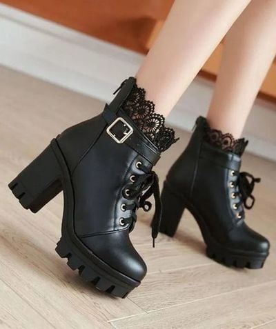 Ankle Boots Shoes Super Heeled Chunky Heel Lace Up Martin Boots F6852