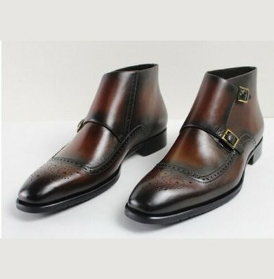 Handmade Men Brogue Double Monk Chukka Boots, New Men Leather Chukka Boots
