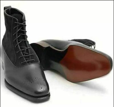 Handmade Men’s Black Leather & Suede Lace Up Ankle High Boots For Men's