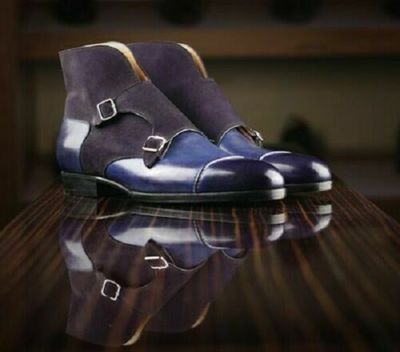 Handmade Men's Navy Blue Double Monk Chukka Boots, Men's Ankle High Chukka Boots