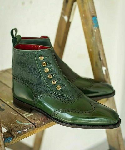 Handmade Men,s Two Tone Green Leather Boot, Men Ankle High Button Formal Boot