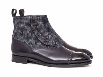 Handmade Men Grey Black Formal Boot, Men Button Boot Tweed and leather Ankle Boot