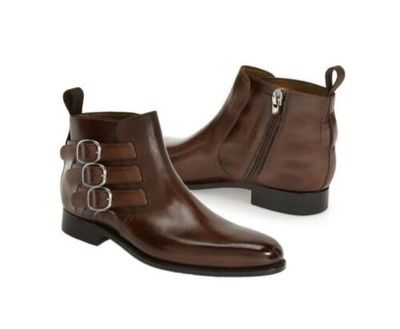 Stylish Brown Monks Triple Buckle Strap Side Zipper Derby Toe Real Leather Boots