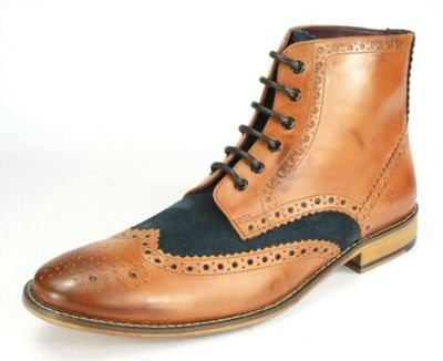 Handmade Tan High Ankle Wingtip Genuine Leather Lace up Boots for Men's