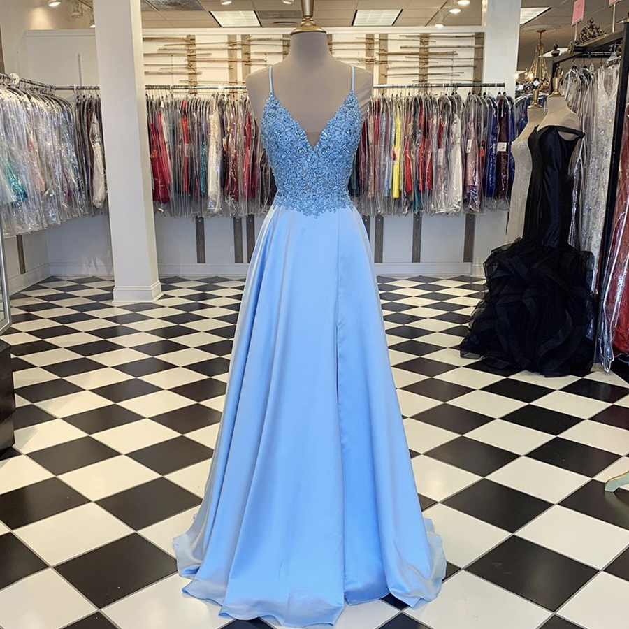 Blue v neck chiffon lace long prom dress