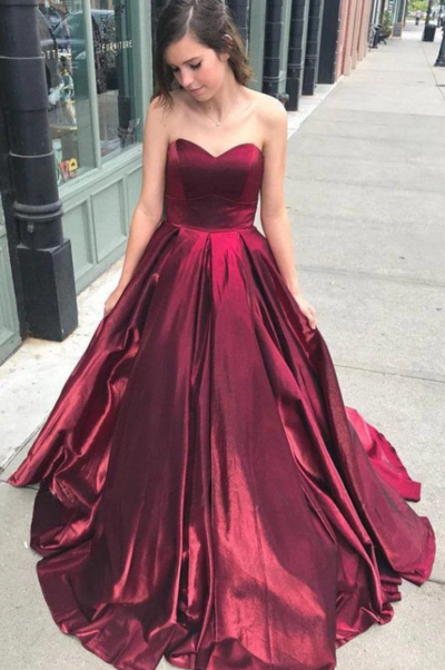 Sweetheart A Line Strapless Burgundy Satin Prom Dresses, Party Dress