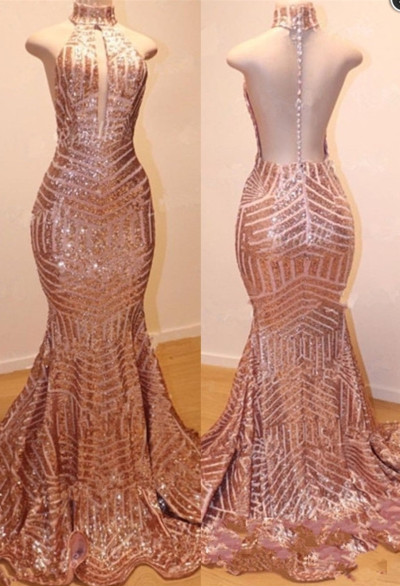 Sexy High-Neck Sleeveless Mermaid Sequins Prom Dresses ,Evening Dresses