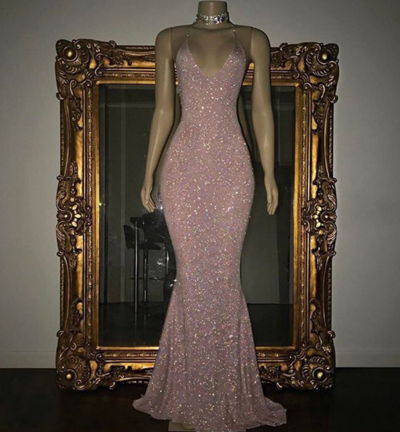 Mermaid Sleeveless Rose Pink Sequin Prom Dress,Long Evening Dresses