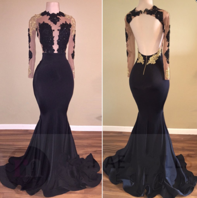 Beauty Mermaid Long-Sleeve Black Prom Dress, Sexy Evening Dress