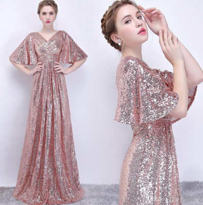 Elegant Deep V-neck Rose Gold Sequined Half Sleeves Long Prom Dresses