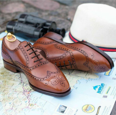 Mens Handmade Tan Brogue Wing Tip Lace Up Formal Dress Custom Made Leather Shoes