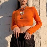 Flower Embroidery High Waist Long Sleeve Orange Top - Thumbnail 1