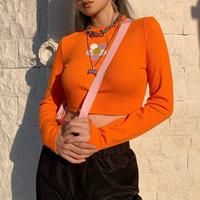 Flower Embroidery High Waist Long Sleeve Orange Top - Thumbnail 3