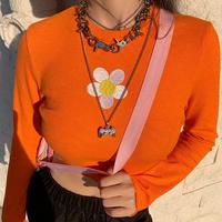Flower Embroidery High Waist Long Sleeve Orange Top - Thumbnail 4