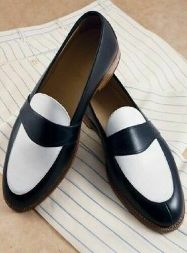 Handmade Men Navy blue and white leather shoes, Men slip ons Men Spectator shoes