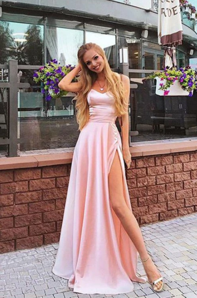 Sweetheart A Line Spaghetti Straps Long Pink Prom Dresses