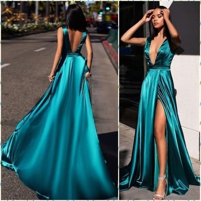 Sexy Deep V Neck Slit Side Prom Dresses Long