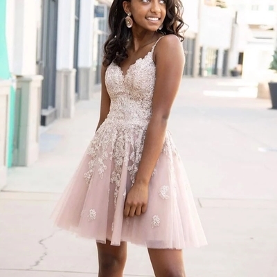 Charming a line spaghetti straps short homecoming dresses with appliques - Thumbnail 3