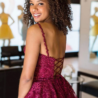 Chic A Line Spaghetti Straps Burgundy Short Homecoming Dress Appliques, - Thumbnail 1