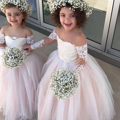 Cute off the shoulder long sleeves lace flower girl dresses with train, 2020 flower girl dresses - Thumbnail 3