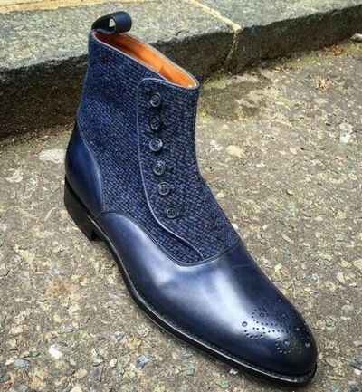 Handmade Men’s Blue Color Button Boots, Leather & Tweed High Ankle Boots