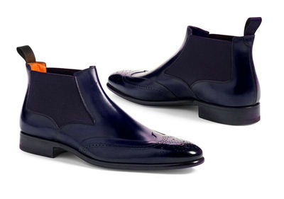 Handmade Men's Half Ankle Chelsea Boot,Men's Blue Leather Wing Tip Chelsea Boot