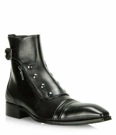 Men's black leather hand patina ankle high boot men's black leather dual zipper