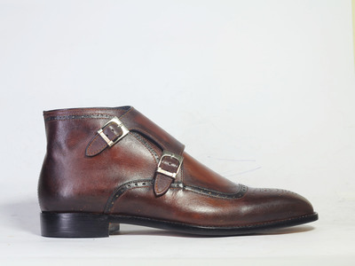 Handmade Brown Square Toe Brogue Double Monk Straps Leather Shoes