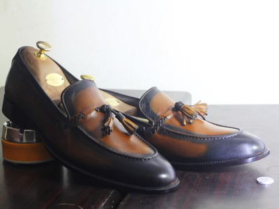 Handmade Brown Tussle Leather Loafers Shoes For Men's