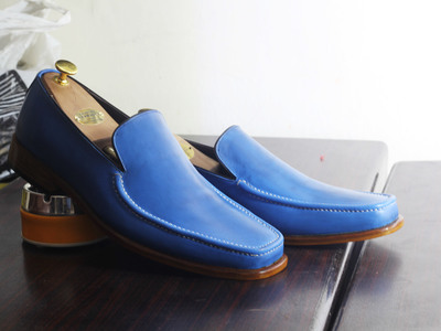 Handmade Blue Leather Loafers Shoes For Men's