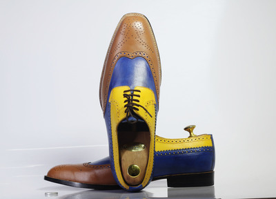 Handmade Multi Color Wing Tip Brogue Lace Up Leather Shoes For Men's