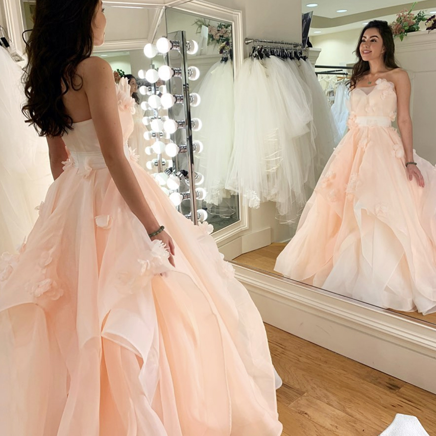 Pink sweetheart neck tulle long prom gown