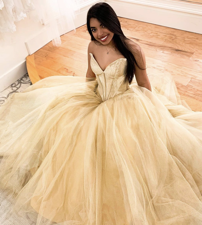 Gold velvet tulle long prom gown formal dress