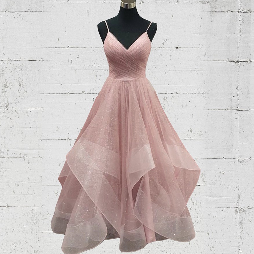 Pink v neck tulle sequins long prom gown