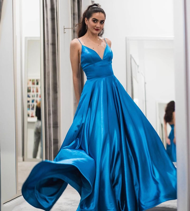 Simple blue v neck satin long prom dress