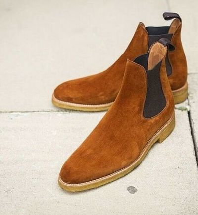 Men's Handmade Tan Brown Chelsea Suede Boots ,Men Ankle High Boot Crepe Sole