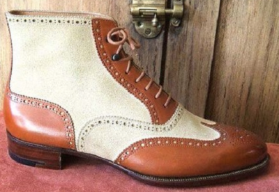 Two Tone Beige Brown Contrast Brogue Wingtip High Ankle Vintage Leather Boots