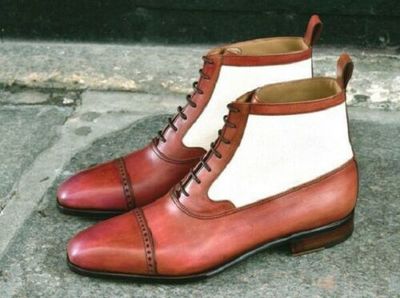 White Maroon Two Tone Pointed Cap Toe Lace Up High Ankle Superior Leather Boots