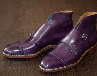Handmade Men’s Purple Color Monk Strep Boots, Leather High Ankle Boots