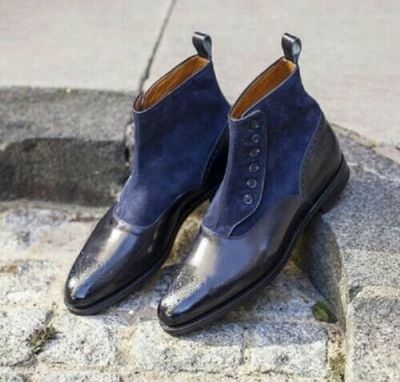 Handmade Blue Suede and Black Leather Button Boots for Men, Men Ankle Boots,