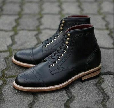 New Handmade Men's Black Cap Toe Brogue Lace Up Boots