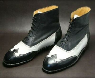 New Men's Handmade Pure Black & White Leather Ankle Boots for Men's