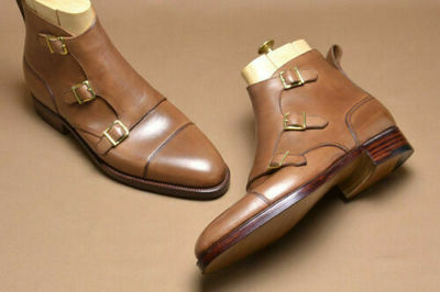 Custom Handmade Men's Simple 3 Monk Straps Leather Boots, leather boots for men