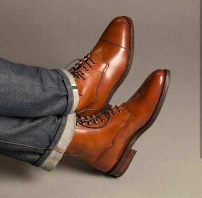 Tan Color casual Leather ankle boots, Men Tan cap toe boots, Men's ankle boots
