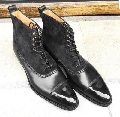 Handmade Black Leather Suede Lace Up Boot, Men's Ankle High Cap Toe Boot