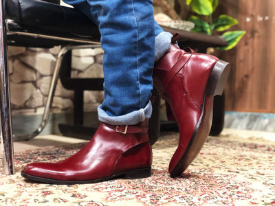Handmade Men's Burgundy Leather Half Ankle Jodhpurs Boots